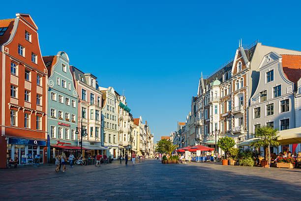 View to a shopping street in Rostock, Germany.